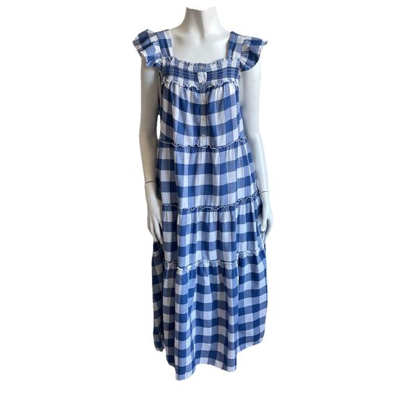 Old Navy Blue White Gingham Tiered Flutter Sleeve Midi Swing Dress Size Large - Picture 1 of 16